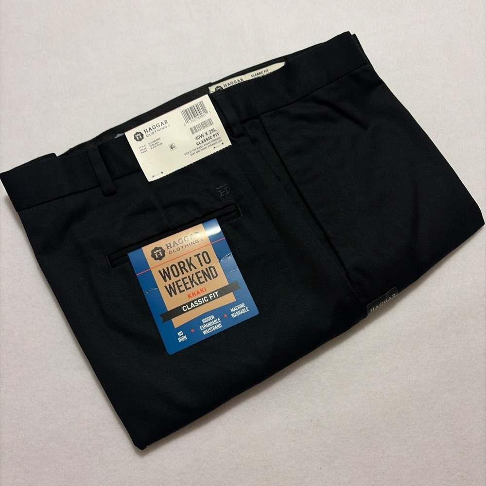 Haggar Work To Weekend Pants Mens 40x29 Black Classic Fit No Iron Comfort NWT